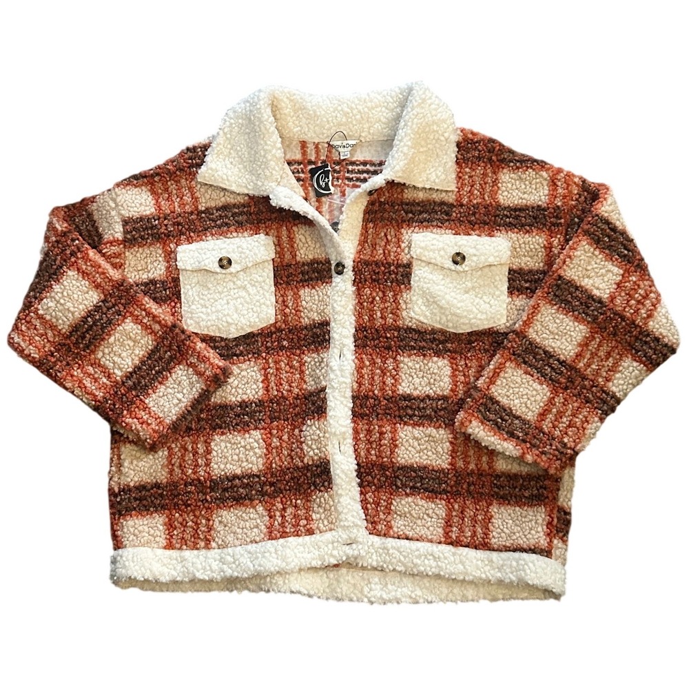 Davi & Dani Plaid Sherpa Shacket Womens‎ Large Orange Cream Fleece Button Jacket